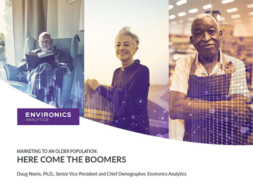 Cover of the Environics Analytics report Here Come the Boomers, Marketing to an Older Population, by Doug Norris