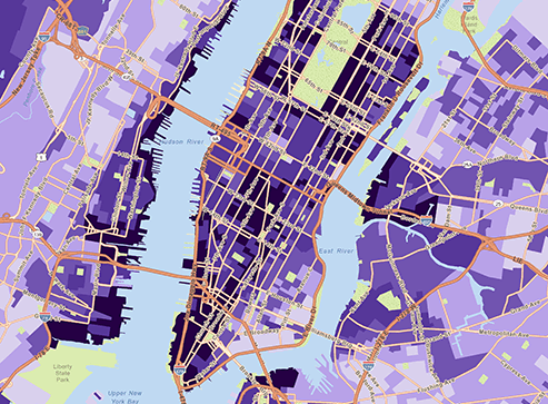 Map of Manhattan shaded in purple tones to show consumer segments by neighbourhood