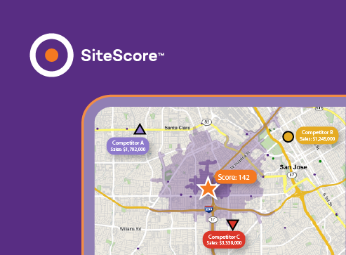 Illustration of a laptop showing a map with locations plotted, starred, and scored. Top-left corner of the image has a logo showing a small solid orange circle inside of a white outlined bigger circle and text says SiteScore