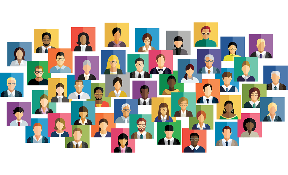 Illustration of an ethnically-diverse group of people's avatars.