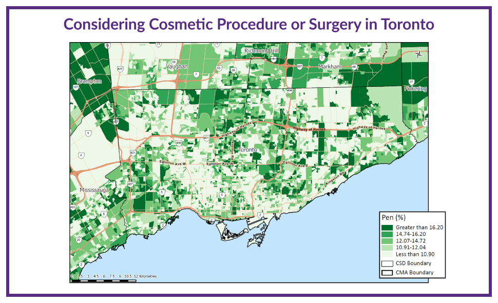 Green-shaded map showing areas of Toronto where there are residents considering cosmetic procedures or surgeries