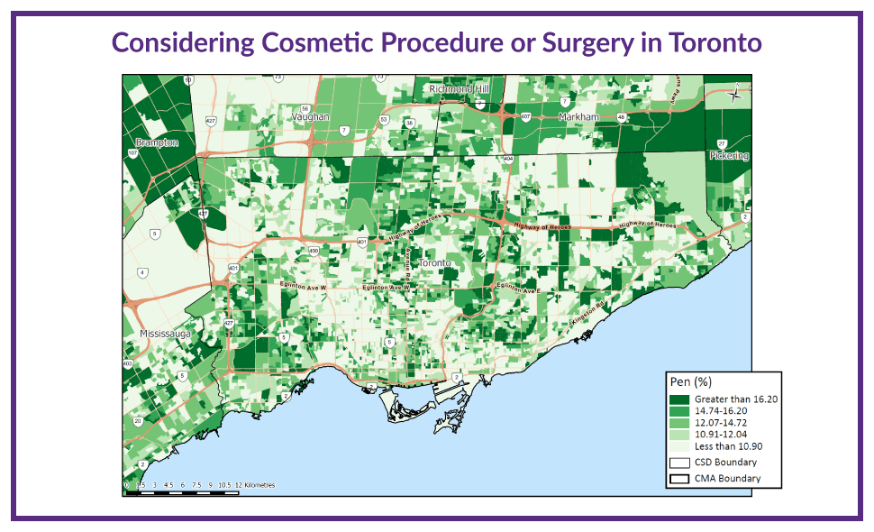 Map titled Considering Cosmetic Procedure or Surgery in Toronto, shading areas by index in shades of green
