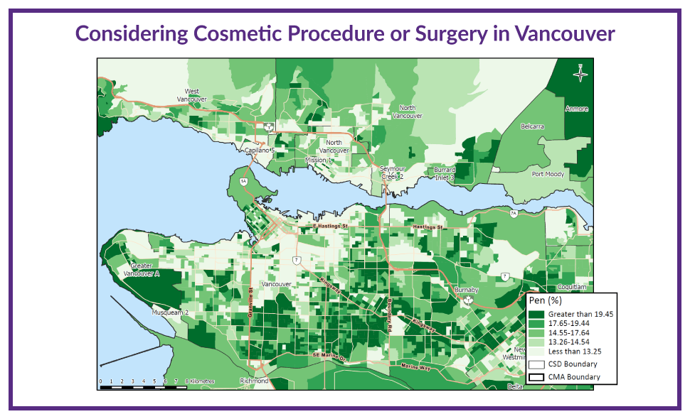Green-shaded map showing areas of Vancouver where there are residents considering cosmetic procedures or surgeries