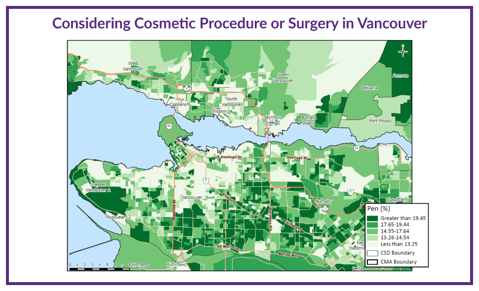 Green-shaded map of Vancouver showing areas of interest in considering a cosmetic procedure or surgery, April 2023
