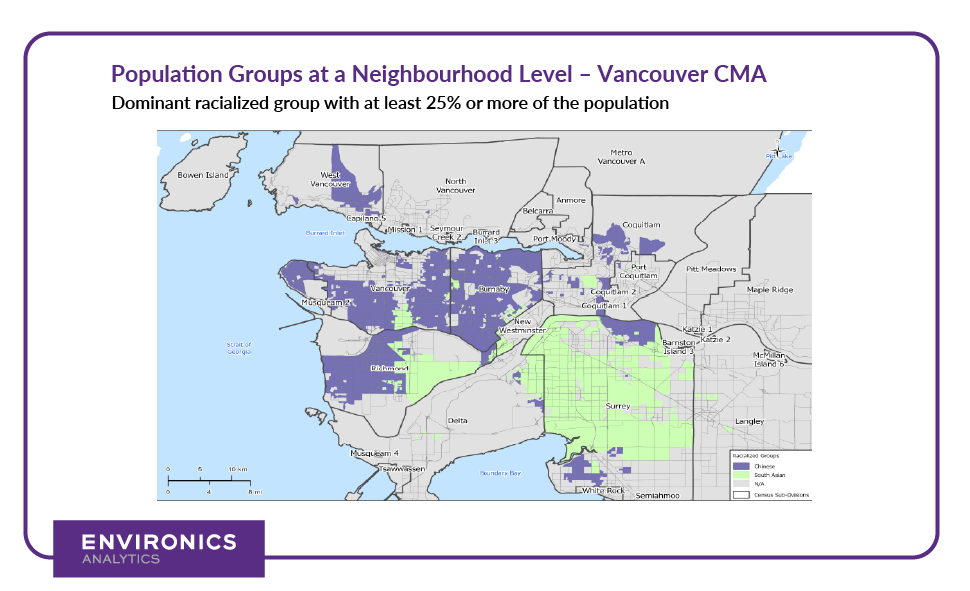 Map of Vancouver CMA showing neighbourhoods where one racialized group makes up at least a quarter of the population