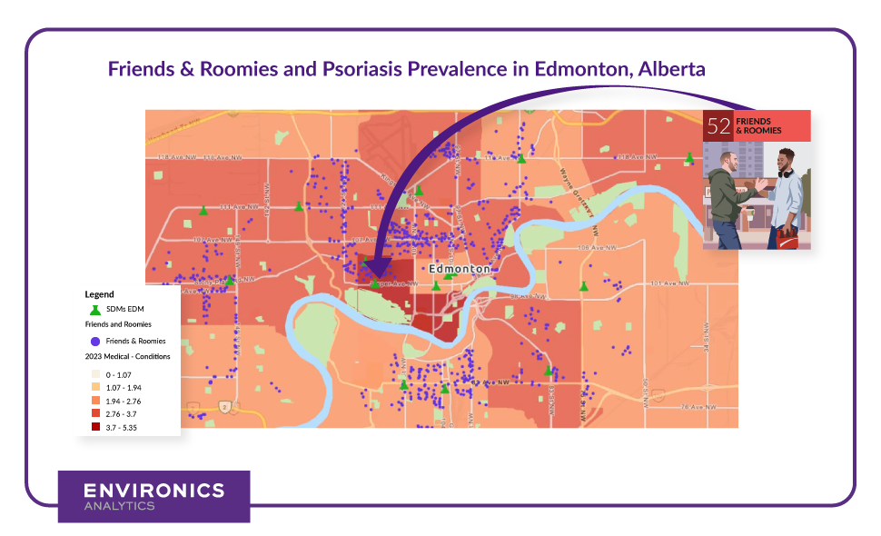 A map of psoriasis prevalence with purple plots across Edmonton, Alberta, Canada where PRIZM segment number 52 Friends and Roomies can be found.