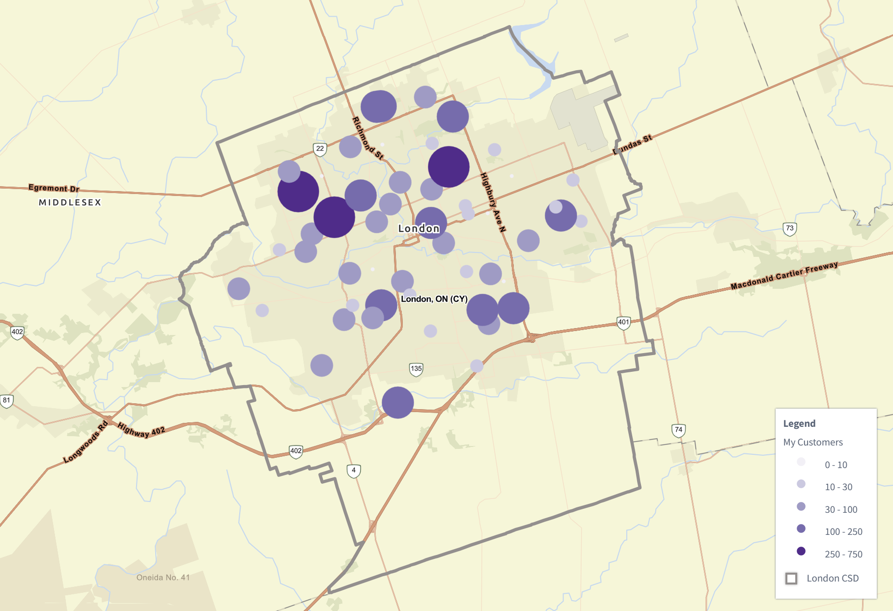 Plot map showing geospatial distribution of customers in Mississauga