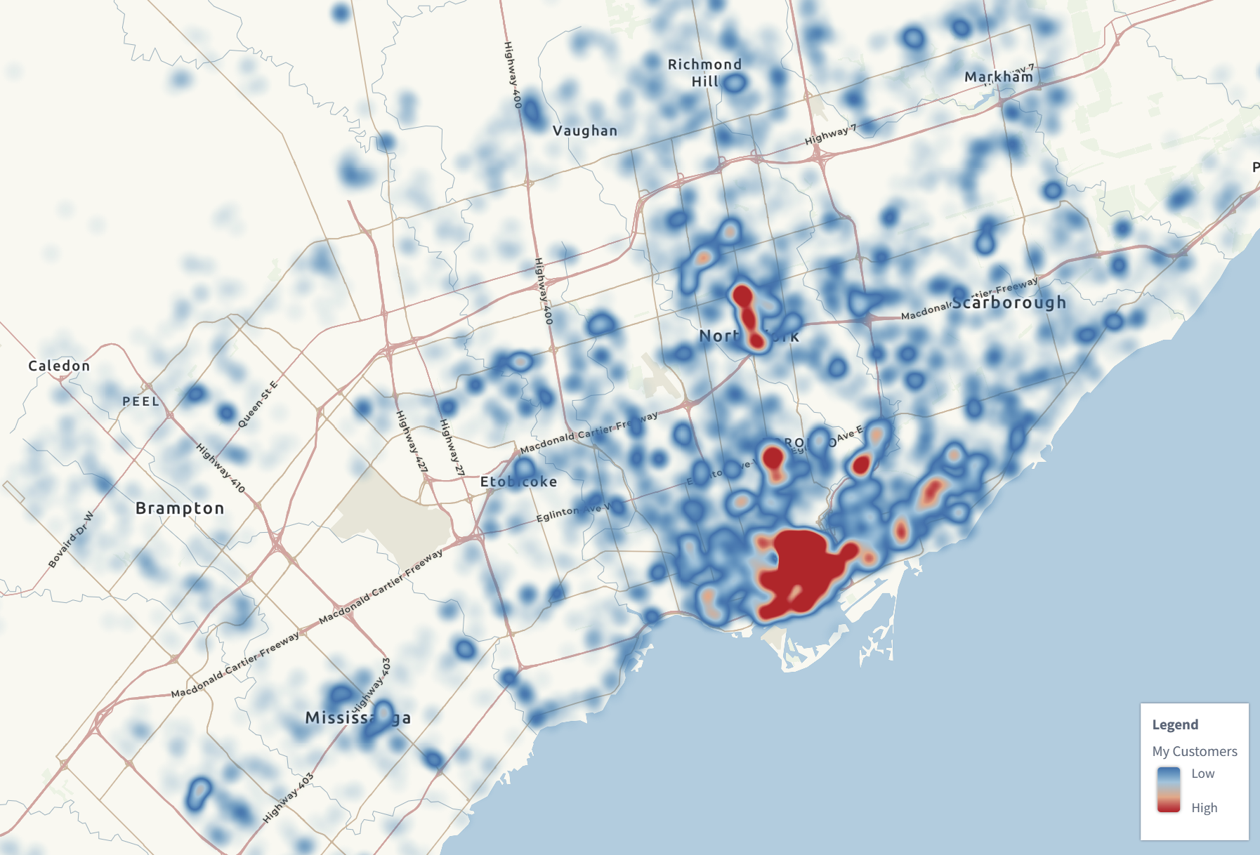 Heat map showing geospatial distribution of customers in Toronto