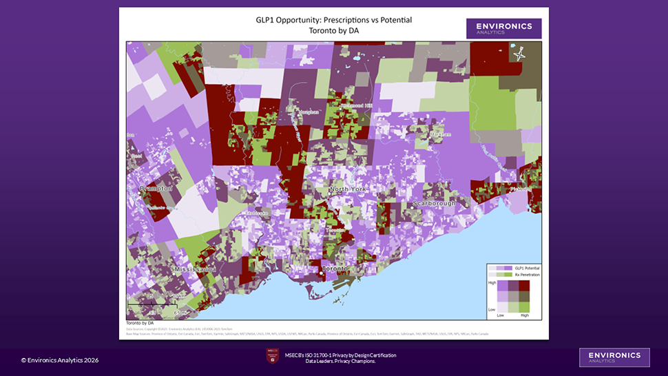 Map showing prescriptions vs potential - Toronto by DA