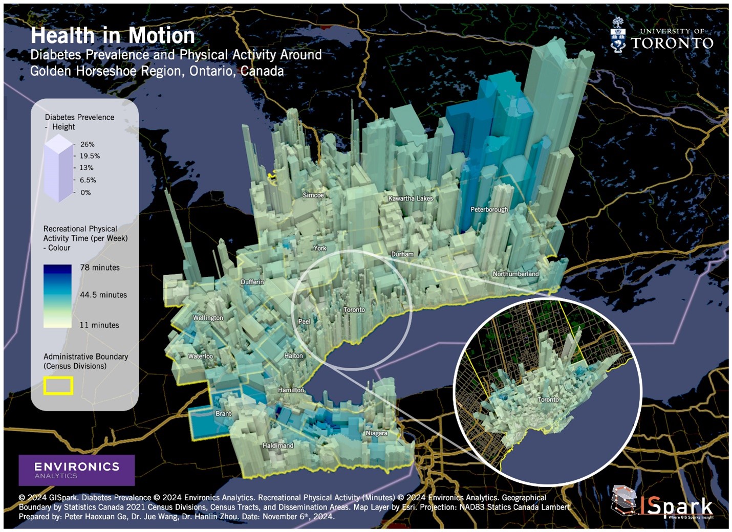 Health in motion - map showing diabetes prevalence and physical activity around the Golden Horseshoe Region of Ontario, Canada