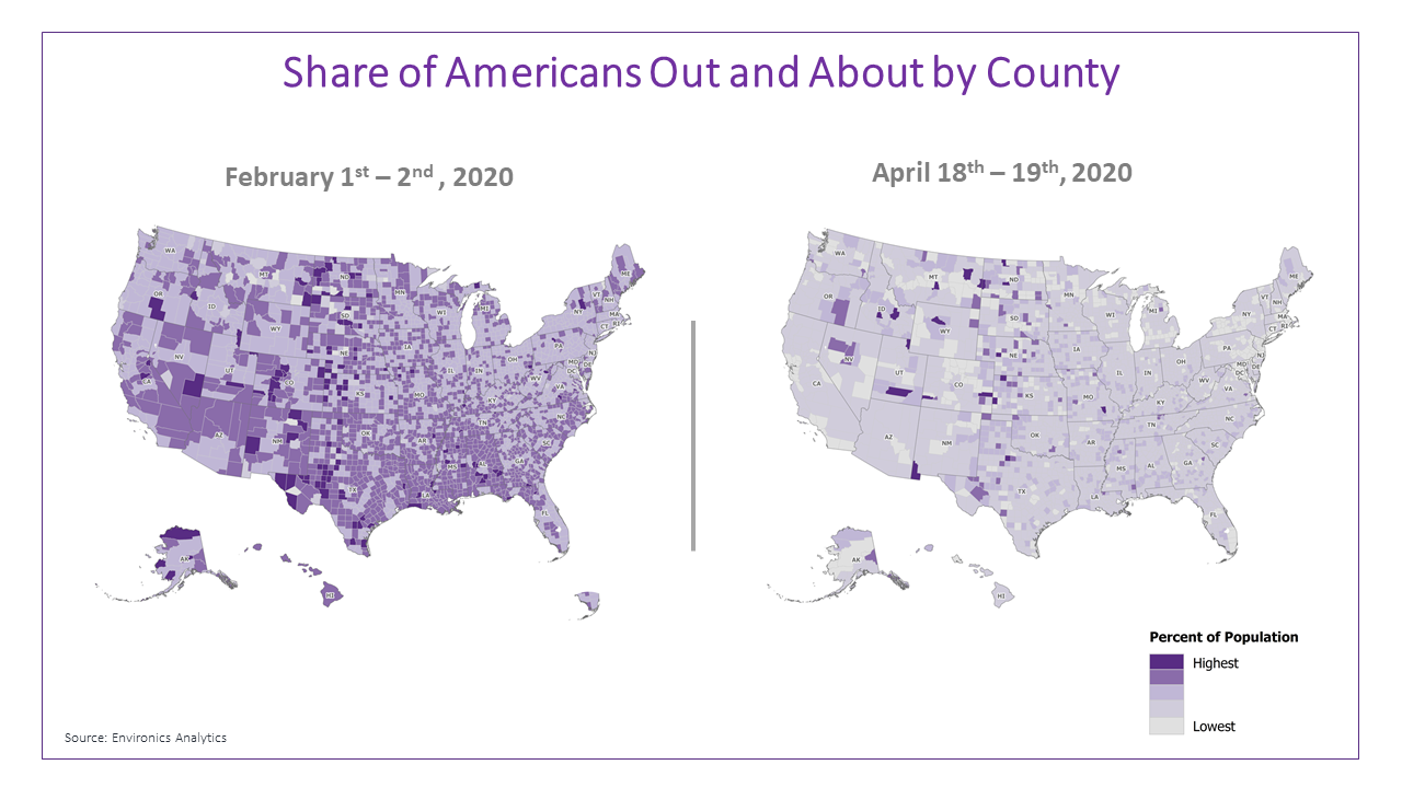 Map compaing share of Americans going out Feb 2020 April 2020