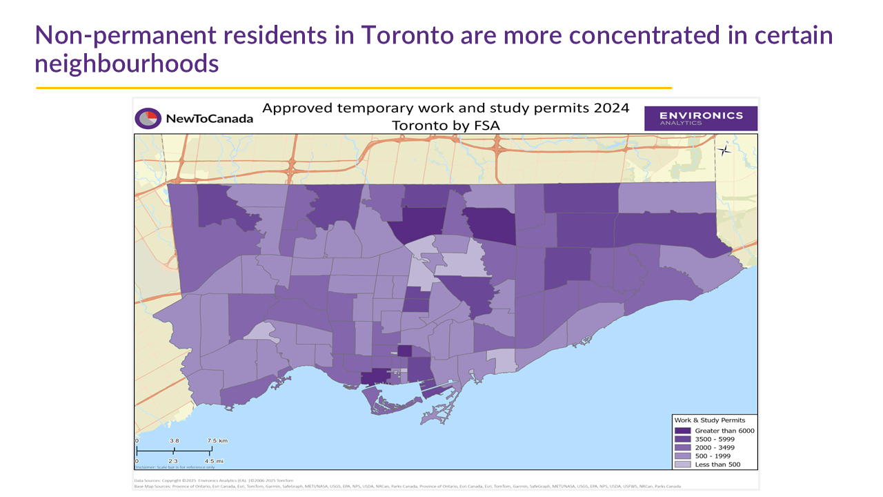 Map of approved temporary work and study permits 2024 in Toronto by FSA