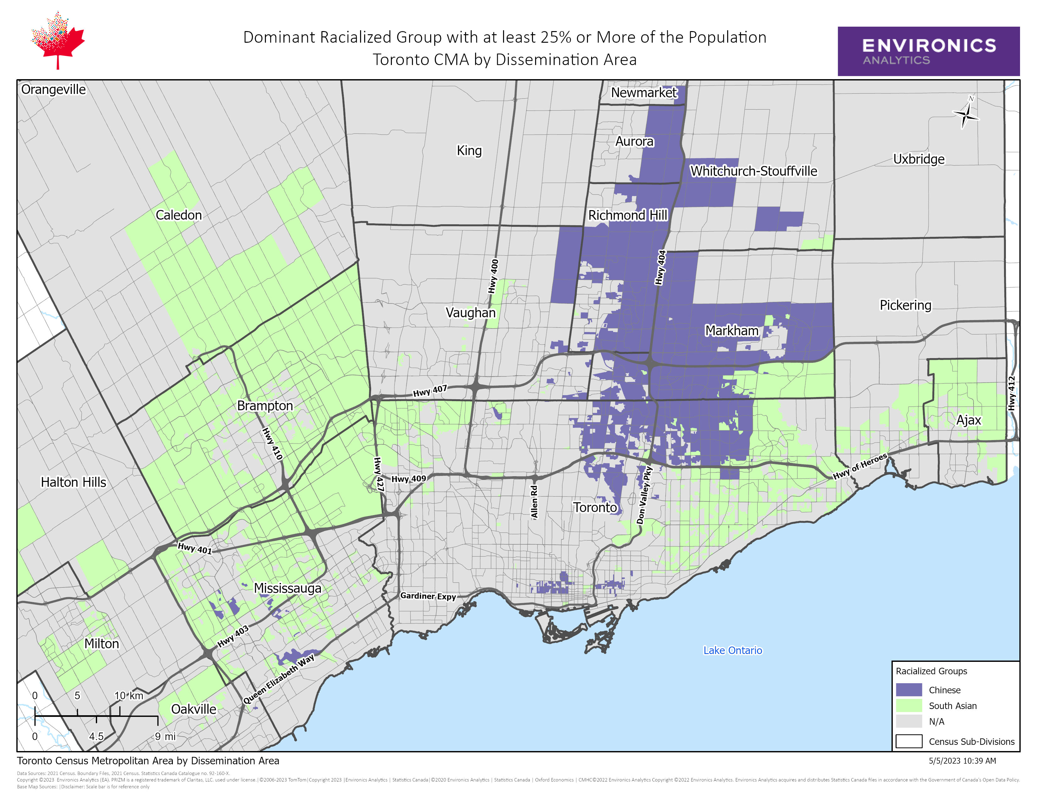 Map showing dominant racialized groups with at least 25% or more of the population in Toronto CMA by dissemination area, Chinese and South Asian