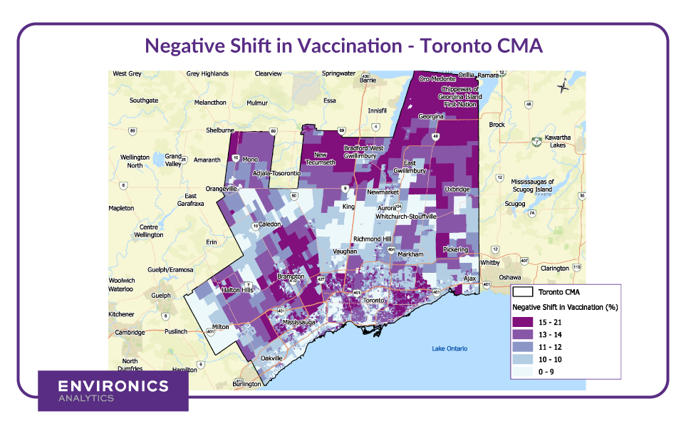 Shaded map of Toronto CMA from light purple to dark purple indicating negative shift toward vaccines