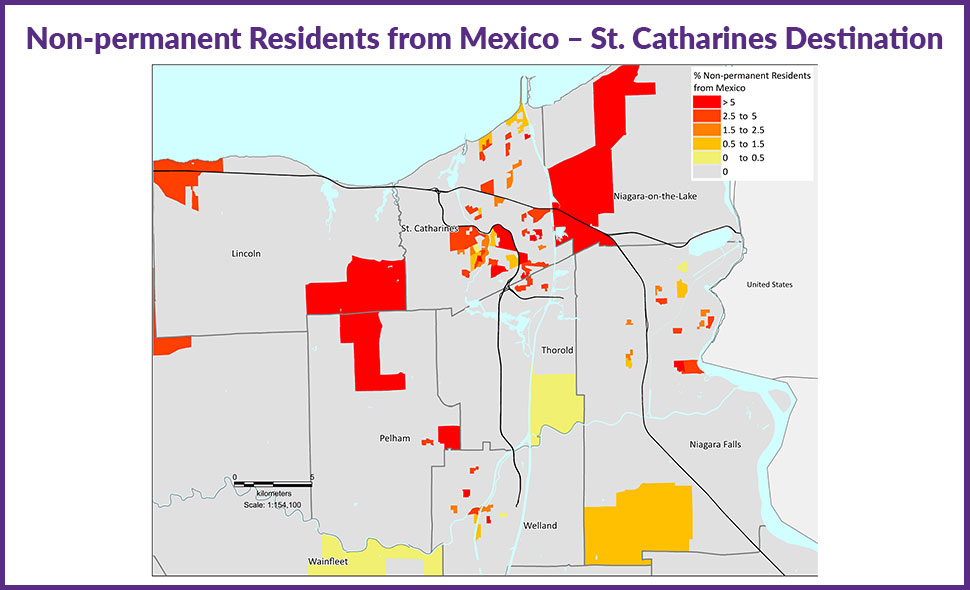 Red-shaded map showing permanent residents from Mexico settling in St. Catherines, Ontario.