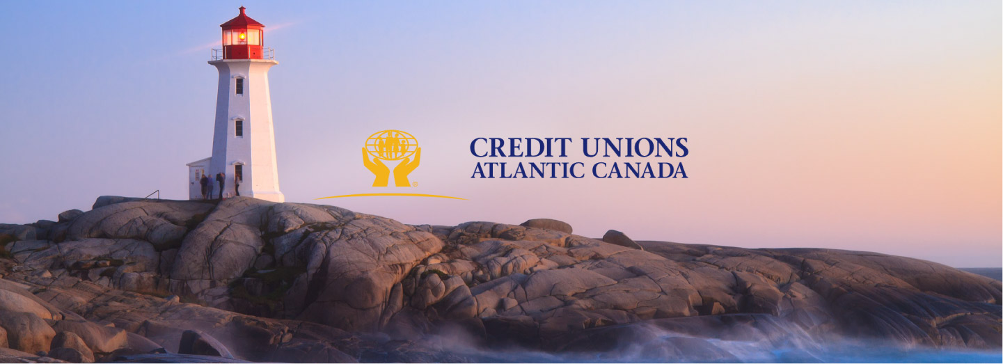 Image of Peggy's cove lighthouse with Credit Unions Atlantic Canada logo in the centre of image