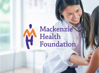 Doctor smiling at patient with Mackenzie Health Foundation logo in the centre of image