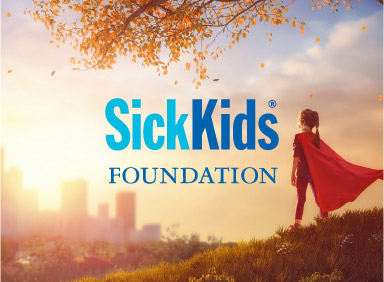 SickKids Foundation logo over a sunset city skyline with a child in a red superhero cape, for the case study