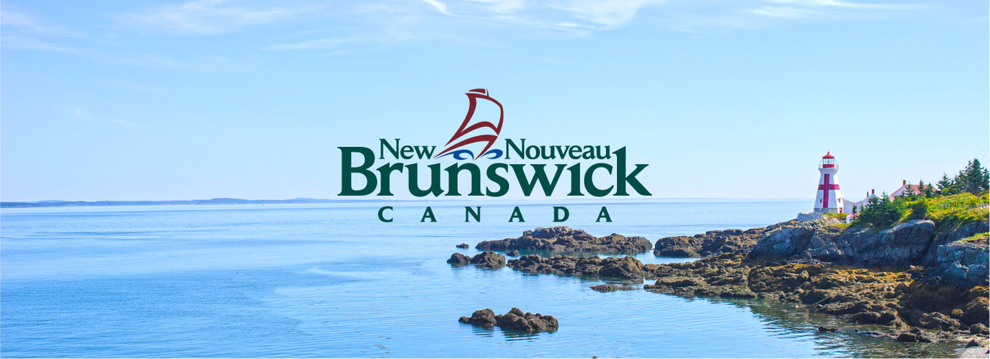 View of ocean and lighthouse with New Brunswick logo in the centre of image