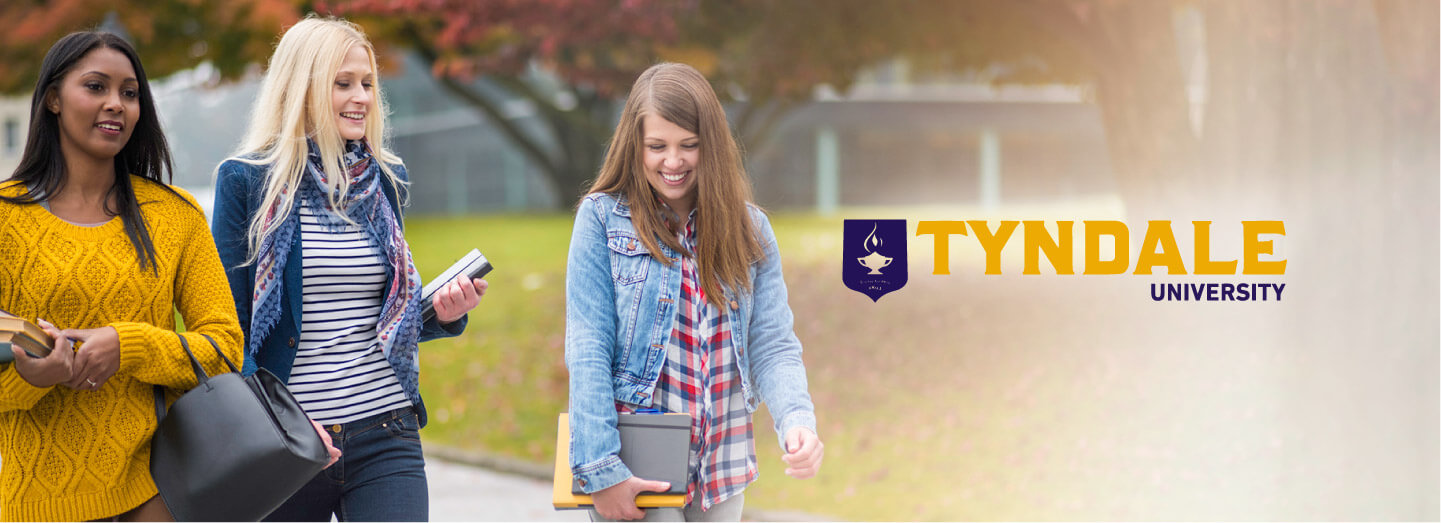 Group of students walking and smiling with Tyndale University logo on the right side of image