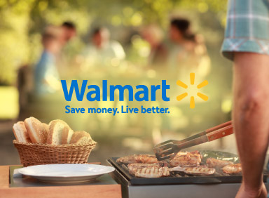 Man cooking on a barbeque in his backyard with Walmart logo in the centre of image