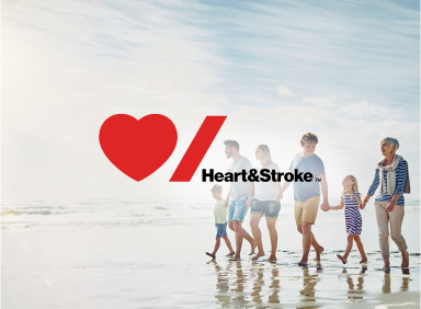 A family walking on the beach with Heart and Stroke logo overlay