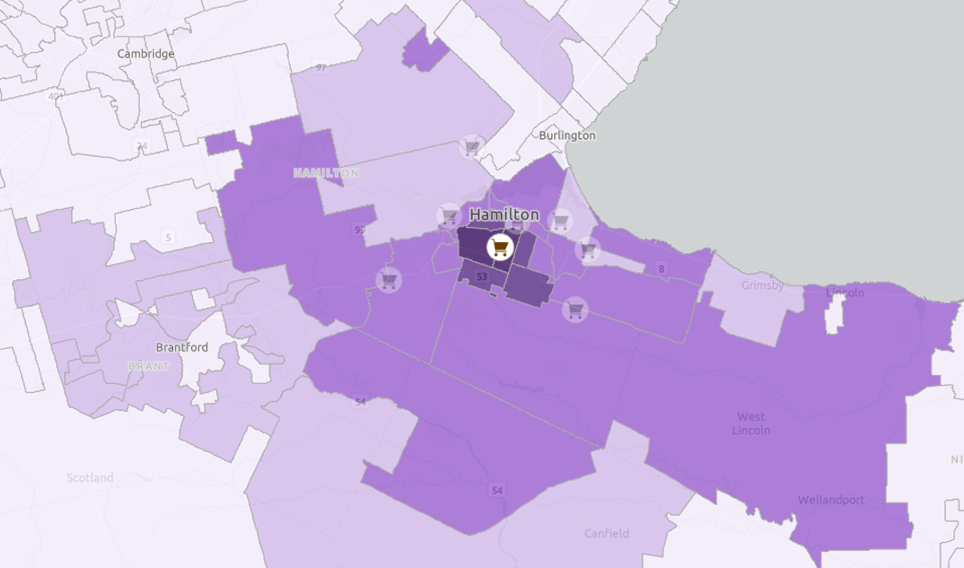 Purple shaded map of geographic areas illustrating the variables available in Canadian databases