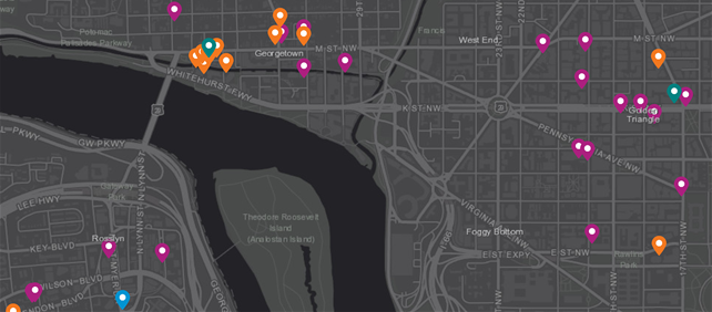 Dark map with colored location pins showing US business data points, such as furniture store locations