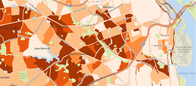 Map of US demographic data by area, with darker orange shades showing higher levels of Hispanic population