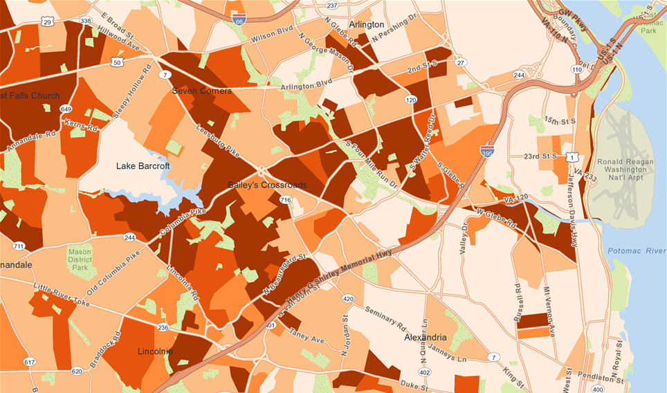 Map of a US area shaded in orange tones to show the concentration of the Hispanic population