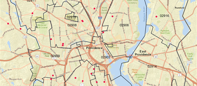 US map of zip code boundaries with red dots marking customer locations, from the US geographic data page