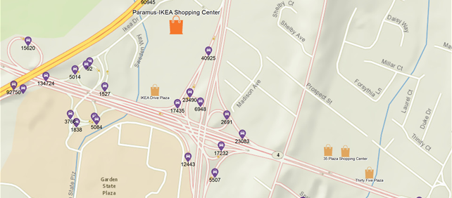 Map of a retail area with markers showing shopping mall traffic count locations