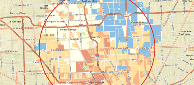 Color-coded map with a red circle highlighting an area, showing US psychographic data on importance of brand