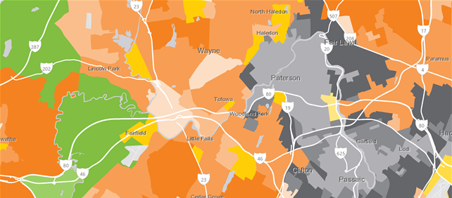 Map of a US area colored by segment social groups, with orange, green and gray clusters