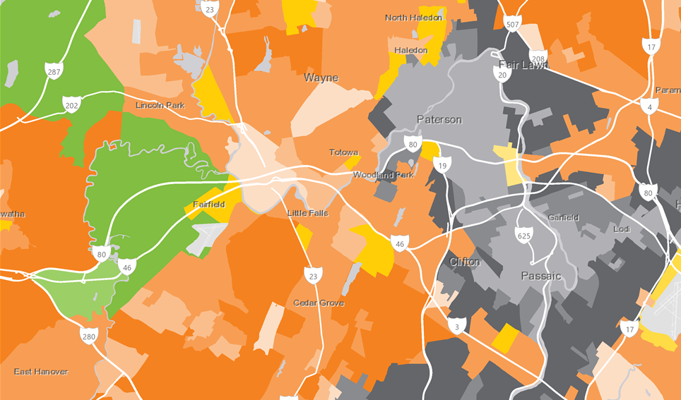 Map of a US area with neighborhoods colored by segmentation data in orange, grey, green and yellow