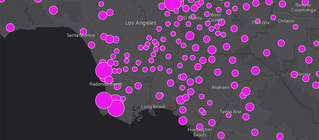 Dark map of US cities with magenta circles sized by average dollars spent on food away from home