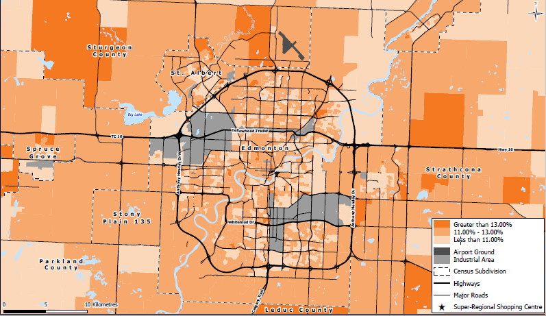 Map of Edmonton shaded in orange by spending level, with a legend and regional shopping centres marked