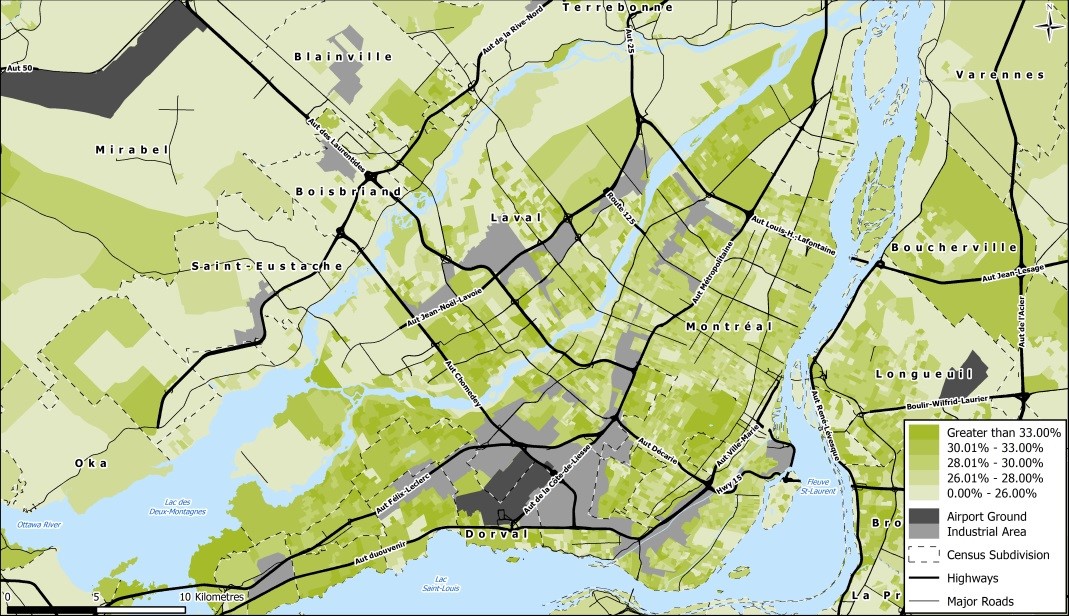 Map of Montréal shaded by spending share, with highways, census subdivisions and industrial areas marked