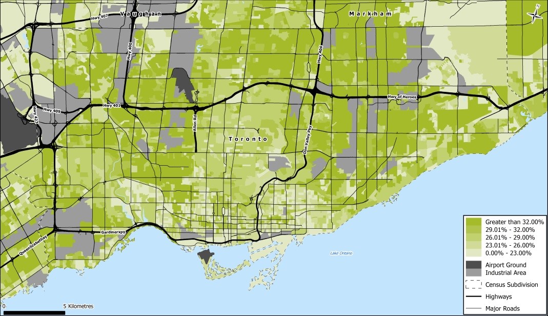 Map of Toronto in shades of green showing ClickSpend levels by area, with highways and a legend
