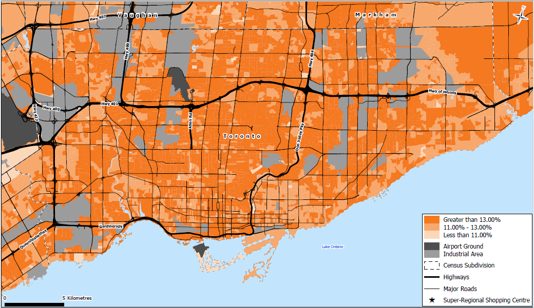 Map of Toronto shaded in three percentage ranges, with highways and super-regional shopping centres marked