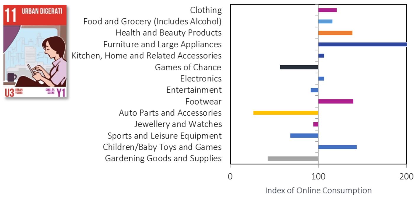 PRIZM Urban Digerati segment card beside a chart of its online consumption index by category