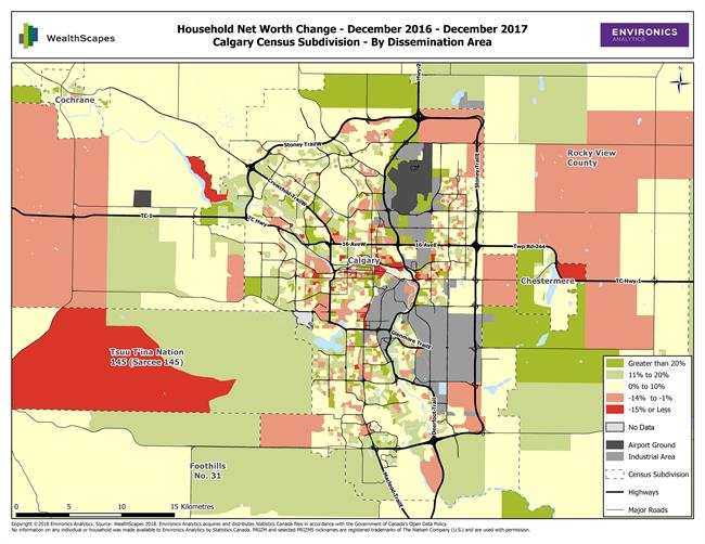 Map - WealthScapes 2018-Calgary Census Subdivision-Household Net Worth Change - December 2016 - December 2017