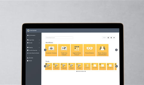 Tablet showing the platform comparison module with a grid of yellow selection tiles