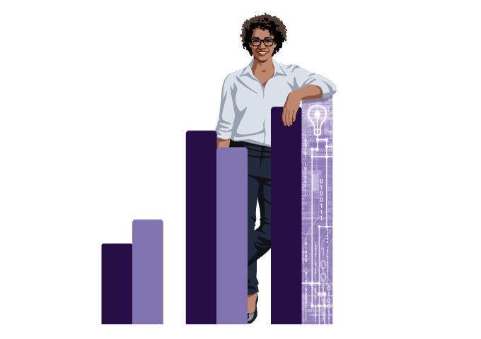Illustrated female EA geek leaning on a purple bar chart