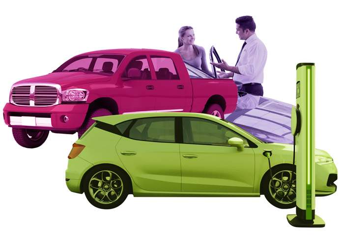Illustration of a pickup truck, a green car and a charging station with two people talking, for AutoView