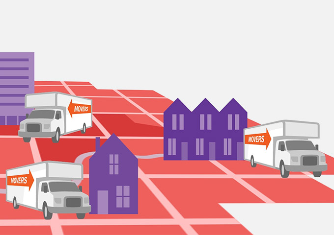 Illustration of moving trucks and houses on a street map representing MoverStats data on people who move