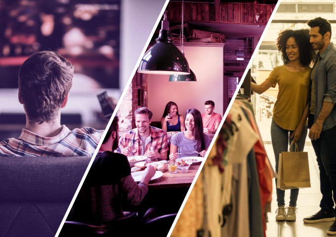 Three-panel collage of people at home, in a restaurant and shopping, illustrating Opticks consumer behaviour