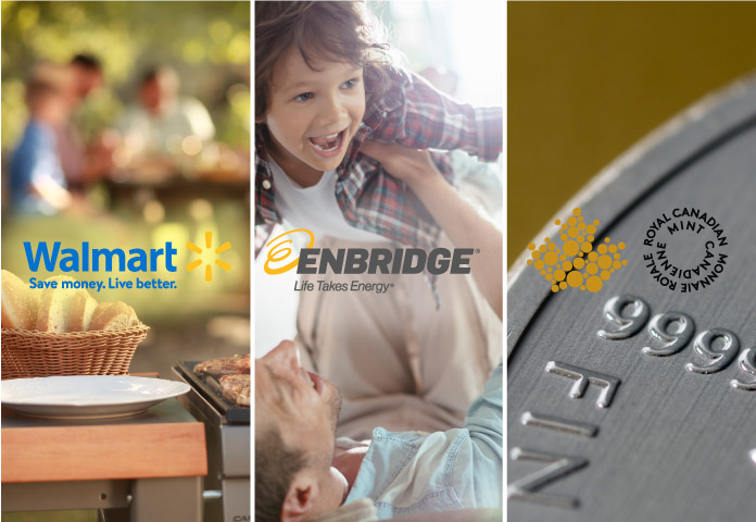 Three case study tiles featuring Walmart, Enbridge and Royal Canadian Mint logos for PRIZM client stories