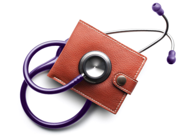 Illustration of a wallet with a stethoscope wrapped around it, representing financial health