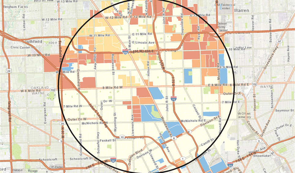 Map with a circular trade area and shaded blocks showing behavioral data patterns across a US metropolitan area